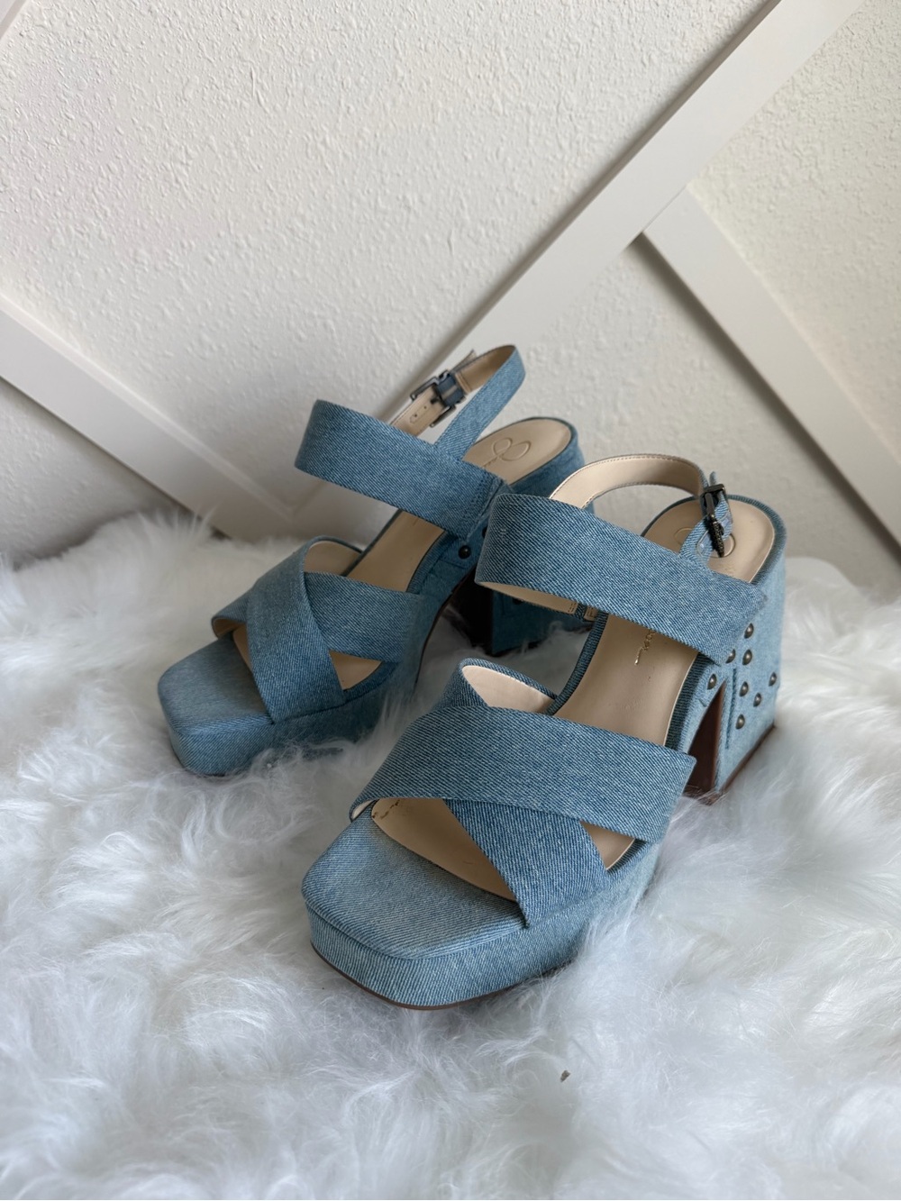 Jessica Simpson Denim Blue Platform Sandals with Studded Block Heels